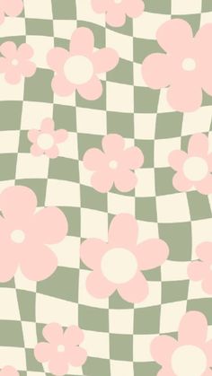 a checkered background with pink flowers on it