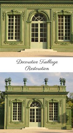 an old green building with two windows and the words decousture furniture restoration on it