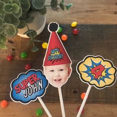 Decorate your party with these original cupcake toppers! Perfect to add some unique decor to your table! This listing is for one photo only. For any additional photos a fee of $5 will be charged. Set of 12 toppers - laser printed on 110 lb card stock. Ready to use, fully assembled. Please choose the styles at checkout. PLEASE SEND ME A 300 dpi res PHOTO AT CHECKOUT. Contact me with any questions! Photo Cupcake Toppers, Pirate Cupcake, Superheroes Party, Photo Face, Hat Cake, Hat Photo, Funny Hats, Superhero Party, Birthday Hat