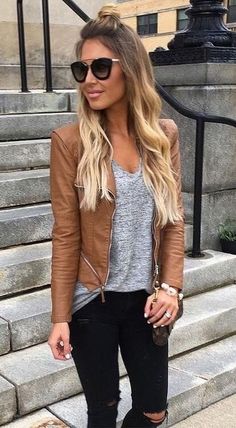 Brown Leather Jacket, Outfit Idea, Ripped Jeans, Amazing Things, Brown Leather, Leather Jacket, Pants, Leather, Black