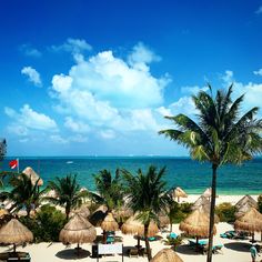 the beach is lined with palm trees and thatched umbrellas, as well as blue water