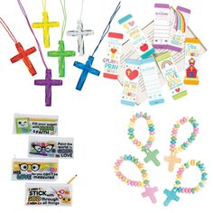 Fill your classroom with hope and faith! This assortment kit overflows with offerings just right for your Sunday School or VBS classroom. Use them as teaching aids, school supplies or behavior rewards to hand out when students get high grades or follow the rules. Plus, their faithful messaging and designs are a great way to spread God's love! (120 pcs. per unit)Includes:o 24 Vinyl Jesus Loves Me Pencil Cases (8 1/2" x 4" with a plastic zipper closure.)o 24 Stretchable Candy Cross Bracelets (Each bracelet has a 1 1/2" candy cross charm. Assorted fruit flavors. Individually packaged. 2 1/2" Candy is non-returnable. For more information, visit our "Return Policy" page located on our website.)o 24 Laminated Cardstock Religious Our Class is a Family Bookmarks (Double-sided. 2" x 6") o 48 Plasti Our Class Is A Family, Cross Bracelets, Behavior Rewards, Blessed Family, Classroom Supplies, Teaching Aids, Pencil Cases, Childrens Jewelry, Get High