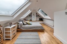 an attic bedroom with wooden floors and white walls