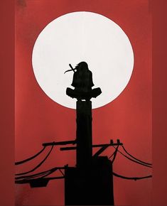 the silhouette of a person sitting on top of a telephone pole in front of a full moon