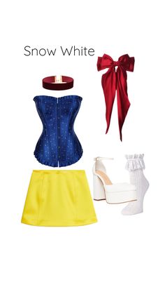 snow white outfit with yellow skirt and red bow tie, shoes and accessories on display