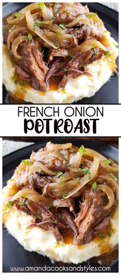 french onion pot roast on top of mashed potatoes