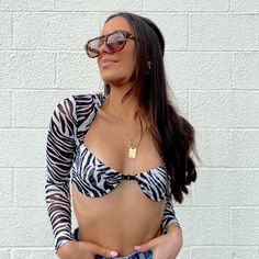 Zebra print mesh long sleeve bra top 100% Polyester Size and Fit: Model height 5’2” wearing size Small Long Sleeve Bra Top, White Zebra, More Love, Mesh Long Sleeve, Bra Top, Top 100, Zebra Print, Model Height, Bra Tops