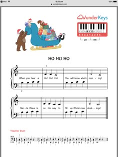 a sheet with musical notes and an image of a bear on a sleigh