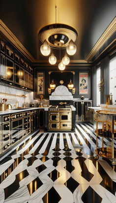 a kitchen with black and white checkered flooring, gold appliances and chandeliers