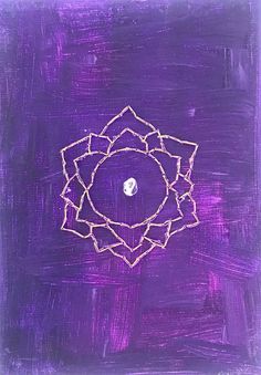 a purple painting with a white circle on it's center and a small object in the middle