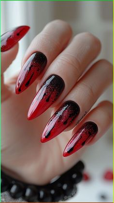 Unleash your inner vampire with dramatic Vampire Nails that are perfect for Halloween! These bold, blood-red designs will give your manicure a sinister edge. Click to explore more and follow us for more hauntingly fabulous nail ideas! #VampireNails #HalloweenNails #SpookyNails #NailArt #HalloweenManicure Halloween Nails Maroon, Crazy Red Nails, Spooky Halloween Nails Almond, Fall Nails2024, Vampire Nails Acrylic, Blood Nails Design, Vampire Nails Aesthetic, Halloween Red Nails