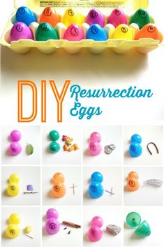 an egg carton filled with different colored eggs and the words, diy reconstruction eggs