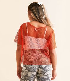 DH Apparel Raw Edge Fishnet Cropped Top - Orange X-Large, Women's Burntorange Sheer wide neck top Bust measures 41 on size small Body length 19 1/2 on size small. Layering piece(s) and/or accessories sold separately.. 95% Polyester 5% Spandex. Hand wash cold water delicately with like colors. No chlorine bleach. Lay flat to dry. Reshape when wet. Do not iron. Apparel & Accessories > Clothing > Shirts & Tops Casual Mesh Short Sleeve Crop Top, Mesh Back Crop Top For Summer, Casual Mesh Crop Top For Spring, Casual Spring Mesh Crop Top, Orange Stretch Crop Top With Short Sleeves, Spring Beach Mesh Top With Short Sleeves, Casual Stretch Fishnet Tops, Casual Short Sleeve Mesh Top For Beach, Spring Fishnet Mesh Crop Top