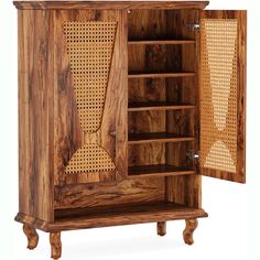 a wooden cabinet with an open door on the front and side, made out of wood