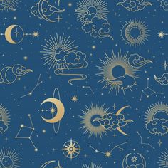 the sun, moon and stars are drawn in gold on a blue background