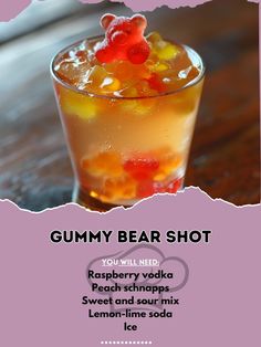 Combine raspberry vodka, peach schnapps, and sweet and sour mix.\nAdd ice and shake well.\nStrain into a shot glass and top with lemon-lime soda.\nGarnish with a gummy bear for a fun & colorful treat! \n#GummyBearShots #PartyDrinks #TasteTheRainbow Gummy Bear Shots Vodka, Gummy Bear Drink Recipe, Alcoholic Drinks Sweet, Gummy Bear Martini, Gummy Bear Shots, Vodka Gummy Bears, Bartender Drinks Recipes, Fun Drinks Alcohol, Pretty Alcoholic Drinks