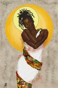 a painting of a woman with dreadlocks on her head and arms wrapped around herself