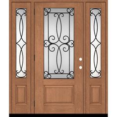 a double door with glass panels and wrought iron grills on the top part of it