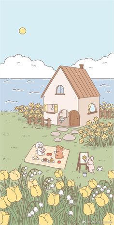 a drawing of a house with flowers in the foreground and a picnic mat on the ground