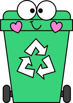 a green trash can with hearts on its eyes and two recyclable arrows sticking out of it