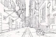 a drawing of a city street with buildings