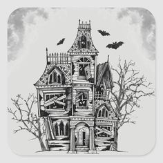 a drawing of a house with bats flying around it