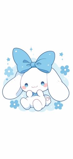 a cartoon bunny with a blue bow on its head sitting in the clouds and stars