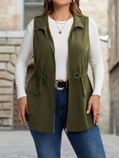 Plus Size Solid Color Drawstring Waist Vest Jacket, Spring Autumn Green Casual  Sleeveless Woven Fabric Plain vest Non-Stretch  Women Plus Clothing, size features are:Bust: ,Length: ,Sleeve Length: Waist Vest, Plain Vest, Autumn Green, Bow Tie Blouse, Stand Collar Jackets, Plus Size Winter, Tie Blouse, Kids Sleepwear, Long Sleeves Jacket