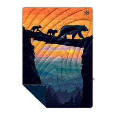 the bear family is walking across the bridge at sunset with mountains and trees in the background