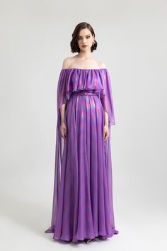 Pleated bodice chiffon dress – HerTrove Purple Evening Dress, Dress Cape, Chiffon Dress Long, Unique Prom Dresses, Cut Dress, Pleated Bodice, Cape Dress, Dress Cuts, Chiffon Dress