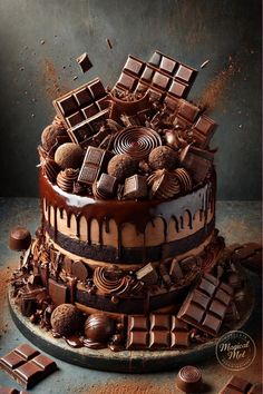 a large chocolate cake with lots of candy on it's top and toppings