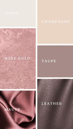 four different shades of pink, beige and brown leather with the words champagne on them