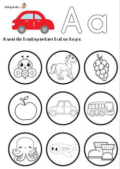 an alphabet worksheet with pictures of animals and cars