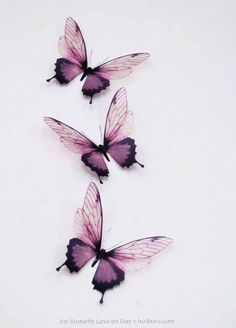 three purple butterflies flying in the air on a white surface with no one around them