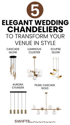 the top five elegant wedding chandeliers to transform your venue in style, with text overlay