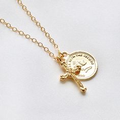 Gold dainty cross and coin necklace Dainty Gold Coin Charm Necklace, Gold Cross Necklace With Coin Pendant, Gold Coin, Gold Necklaces, Gold Coins, Necklace Sizes, Gold Filled Chain, Spring Rings, Size 13