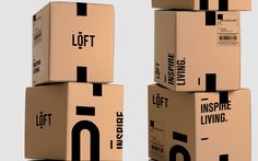 three boxes stacked on top of each other with the words loft and inspire living written on them