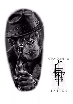 a black and white drawing of a monkey wearing a hat with a pipe in his hand