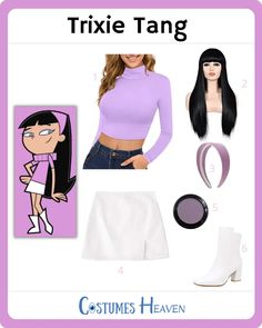 a woman in purple shirt and white skirt next to other items with text that reads, trixie tang