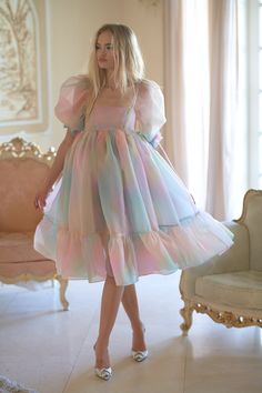 The Rainbow French Puff Chifon Dress, Organza Frocks, Rainbow French, Simple Frock Design, Simple Frocks, Fest Outfits, Frock For Women, Puff Dress, Cute Dress Outfits