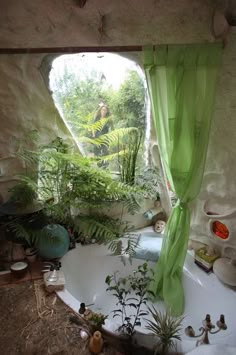 there is a bathtub with plants in it and an open window to the outside