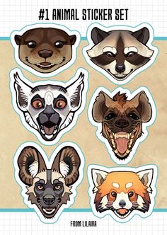 four different animal stickers are shown in the shape of animals, including raccoons and