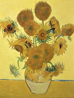 a painting of sunflowers in a vase on a table