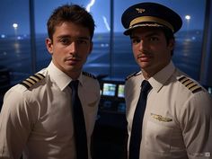 two pilots standing next to each other in front of an airport terminal window at night