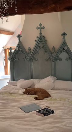 an orange cat laying on top of a bed next to a book and remote control