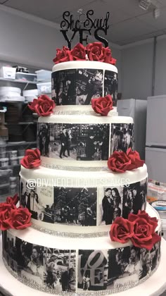 a three tiered cake decorated with photos and red roses