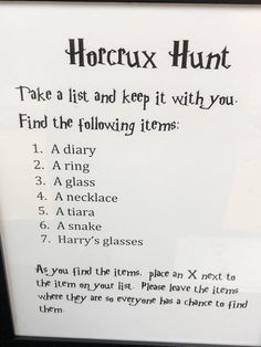 a sign with instructions on how to use the horcux hunt in harry potter