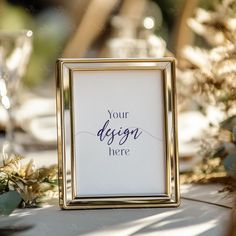 a white and gold framed sign sitting on top of a table next to some flowers