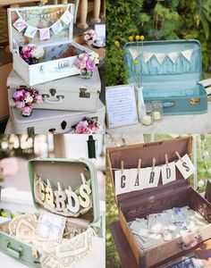 an assortment of vintage suitcases are displayed for sale