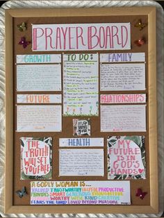 a bulletin board with words and pictures on it